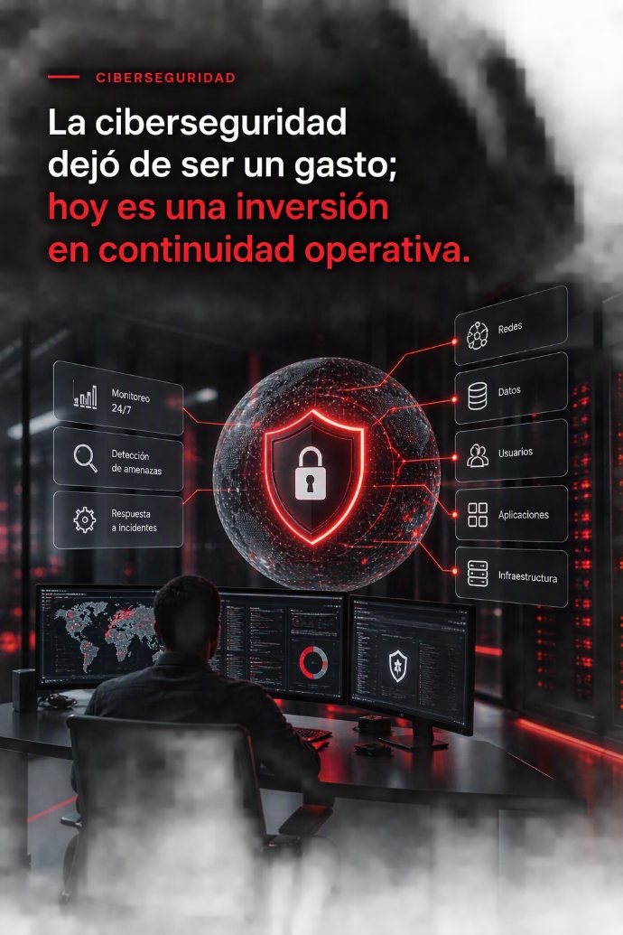 Centro de operaciones de ciberseguridad con monitoreo en tiempo real, protección de datos, gestión de riesgos y seguridad tecnológica para garantizar la continuidad operativa de las organizaciones.